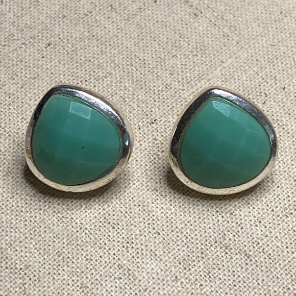 💛 Silver Tone Faux Aqua Chalcedony Earrings - Picture 1 of 4